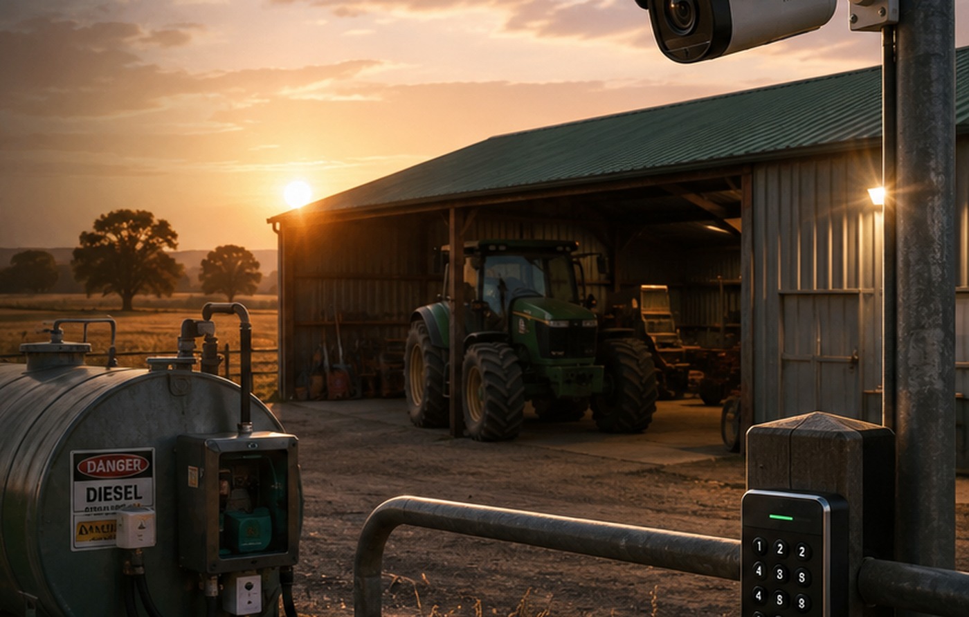 Secured farm fuel tank, tractor workshop, CCTV camera and access-control keypad