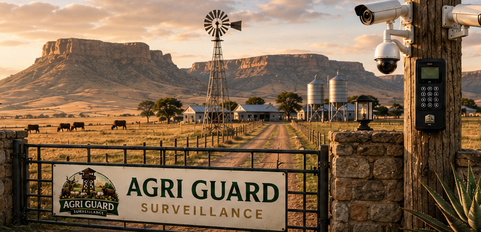 Free State farm entrance, buildings, livestock, windmill and security equipment